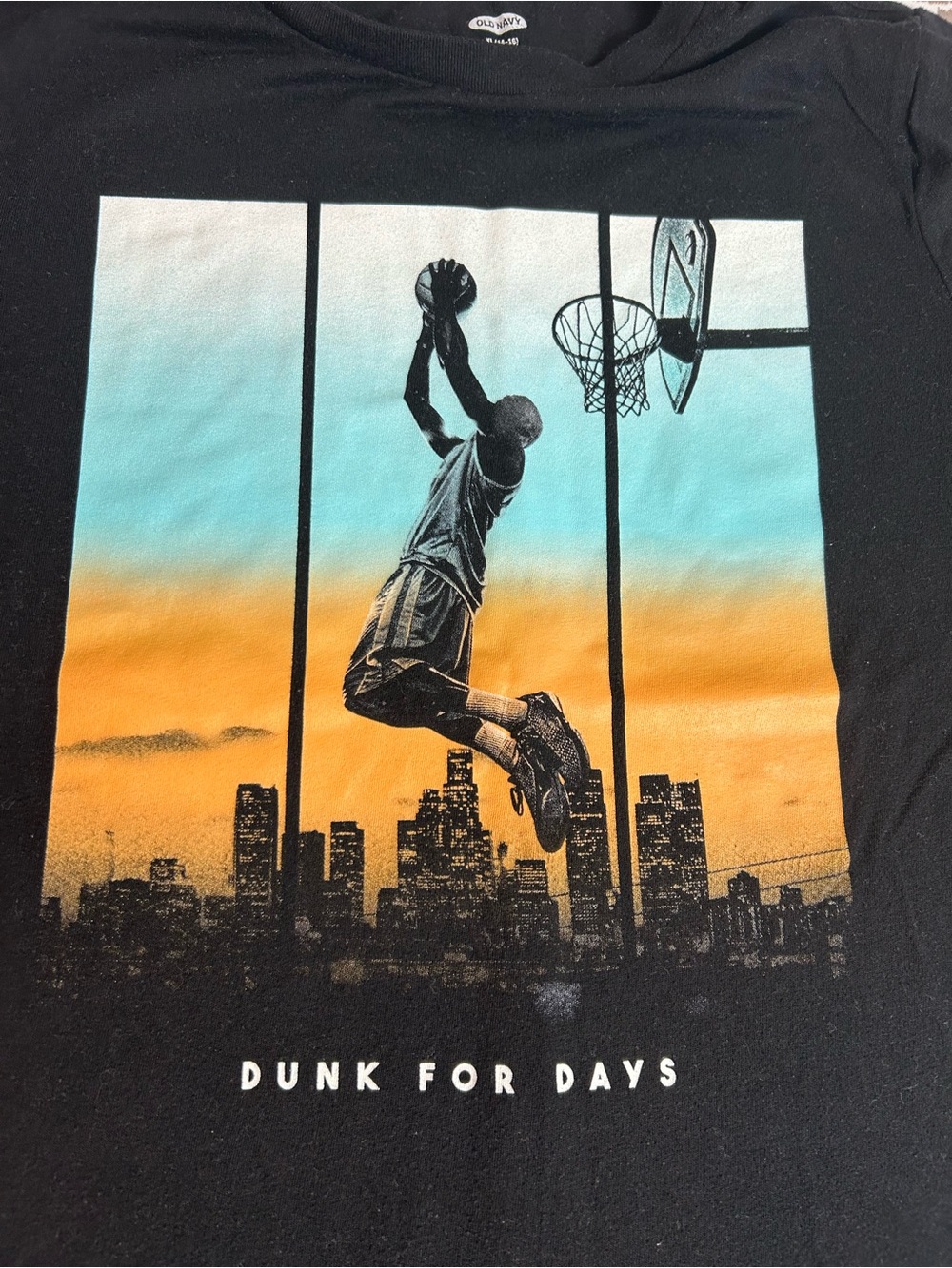 Old Navy Black Tee with Blue and Orange Basketball Graphic